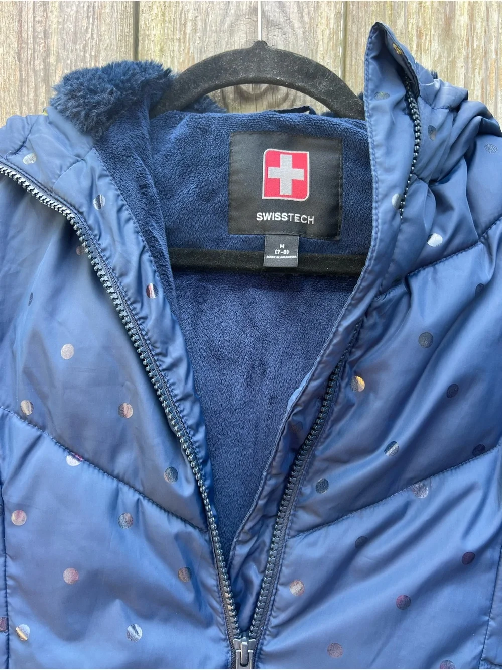 SWISSTECH Girls Navy Blue Polka Dot Confetti Puffer Coat Hooded Girls Medium 7-8